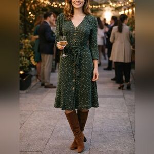 Polka Dot Button-Up Green Dress